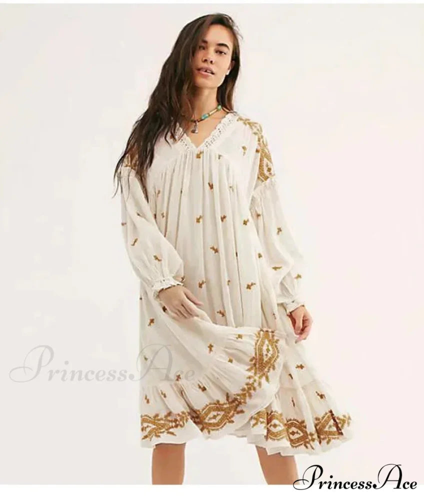 Button Up Ebony Embroidery Retro Cotton Boho Dress