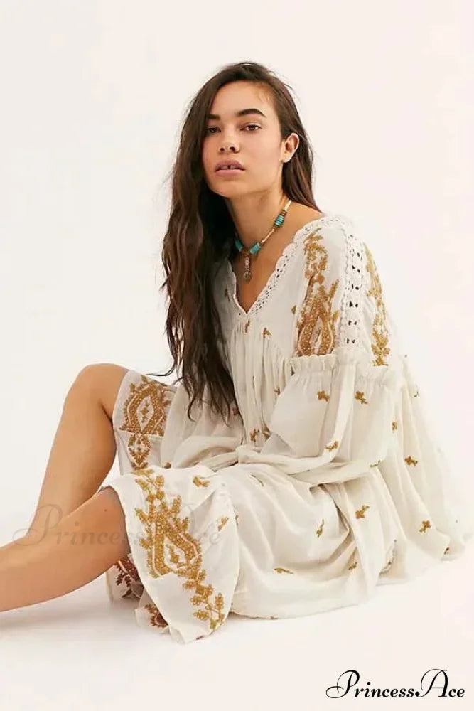 Button Up Ebony Embroidery Retro Cotton Boho Dress