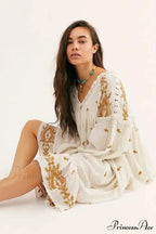 Button Up Ebony Embroidery Retro Cotton Boho Dress