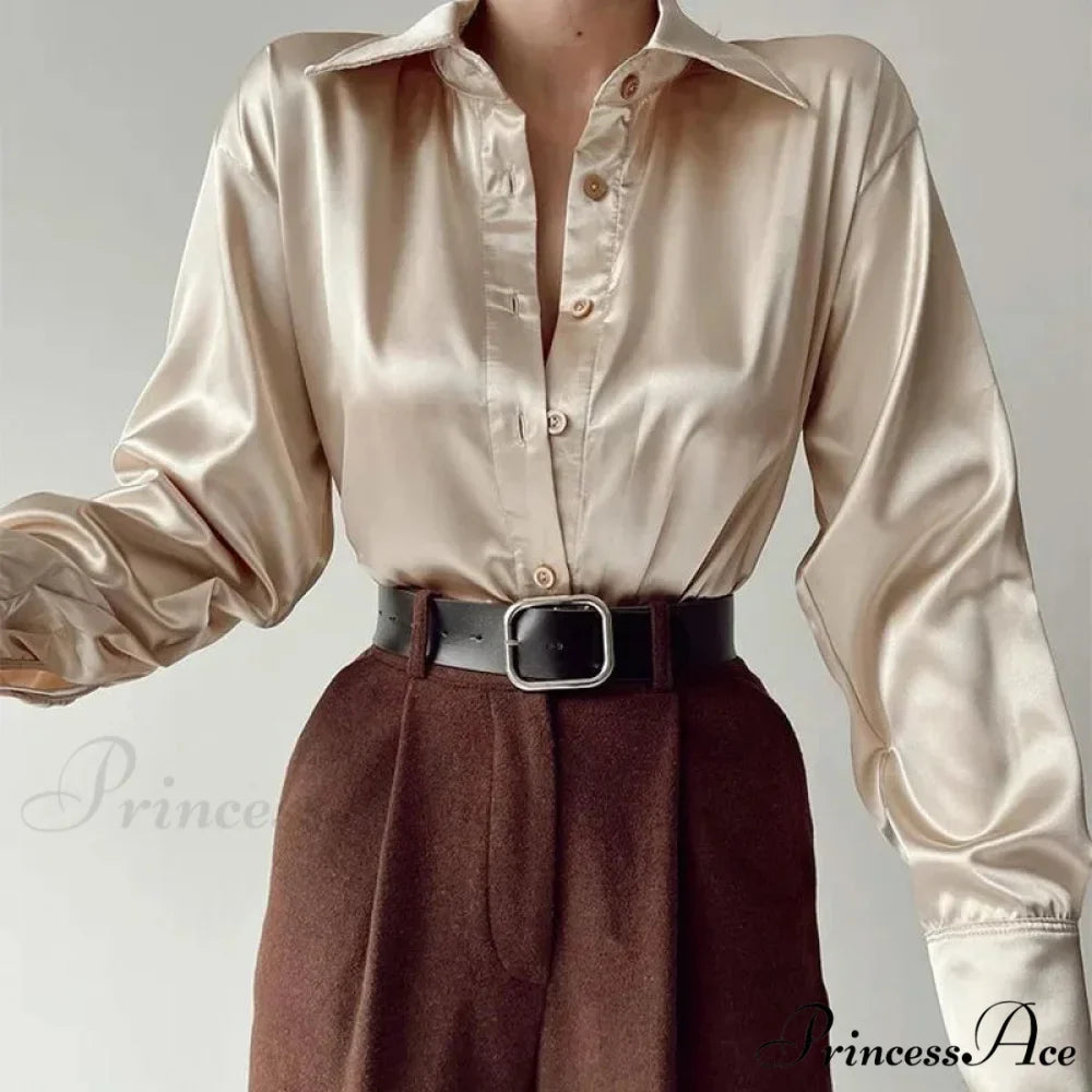 Button Up Glossy Long Sleeve Ivory Blouse