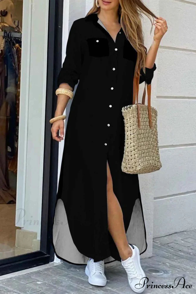 Button Up Pocket Shirt Dress - Long Sleeve