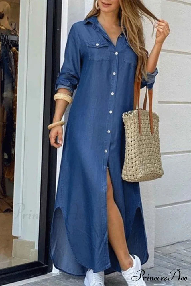 Button Up Pocket Shirt Dress - Long Sleeve