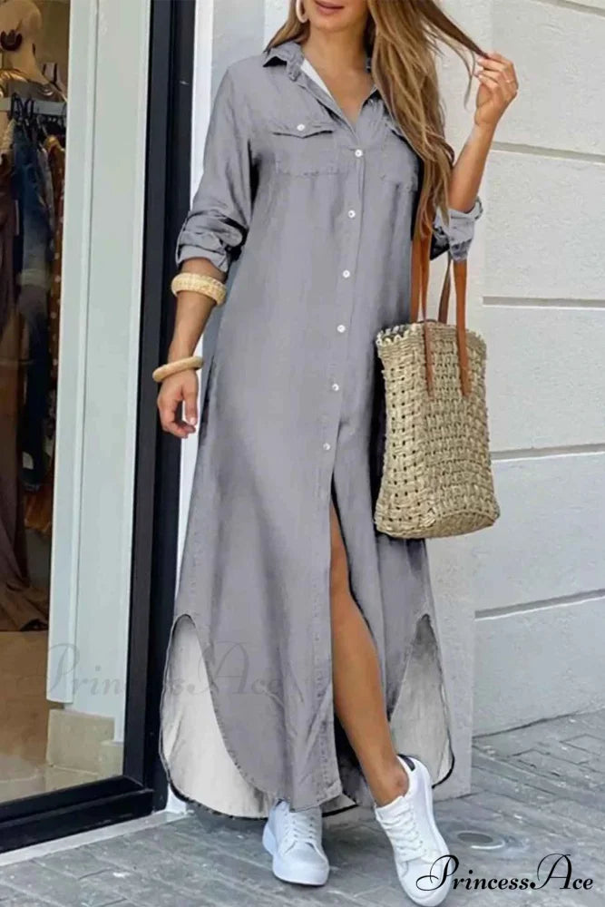 Button Up Pocket Shirt Dress - Long Sleeve