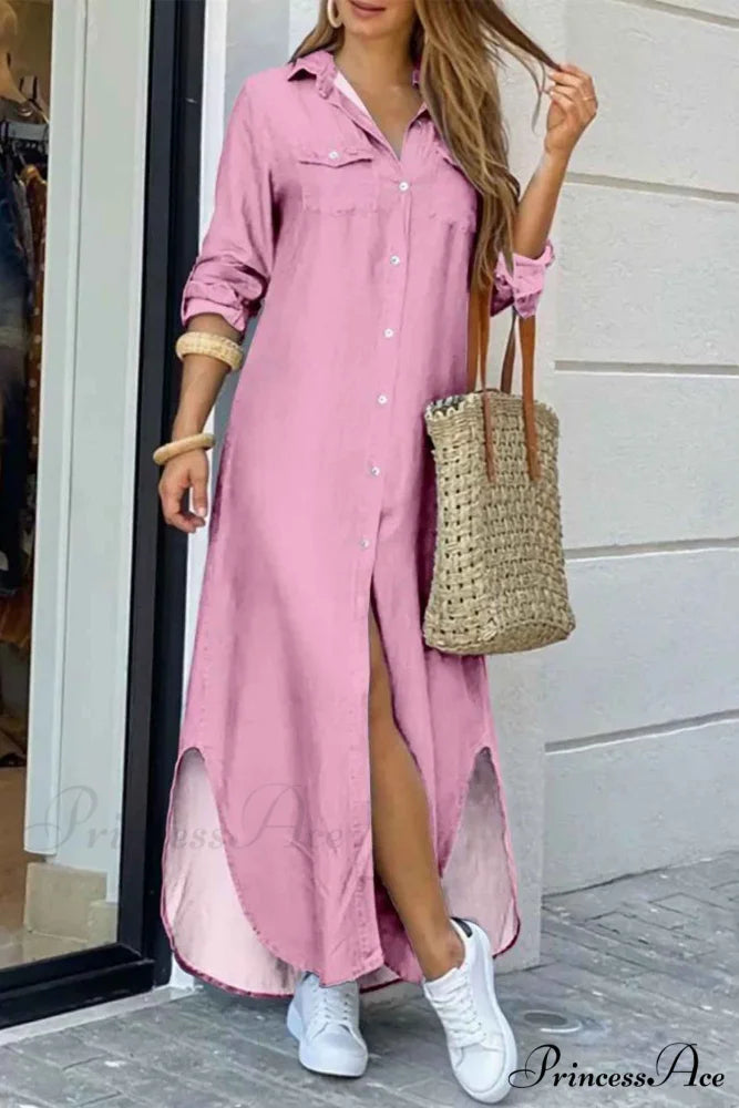 Button Up Pocket Shirt Dress - Long Sleeve