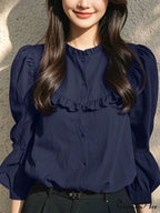 Button-Up Round-neck Lantern Sleeve Informal Blouse