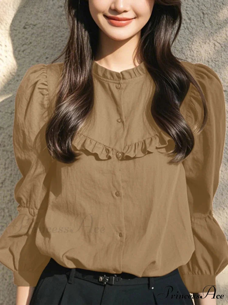 Button-Up Round-neck Lantern Sleeve Informal Blouse