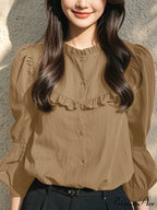 Button-Up Round-neck Lantern Sleeve Informal Blouse