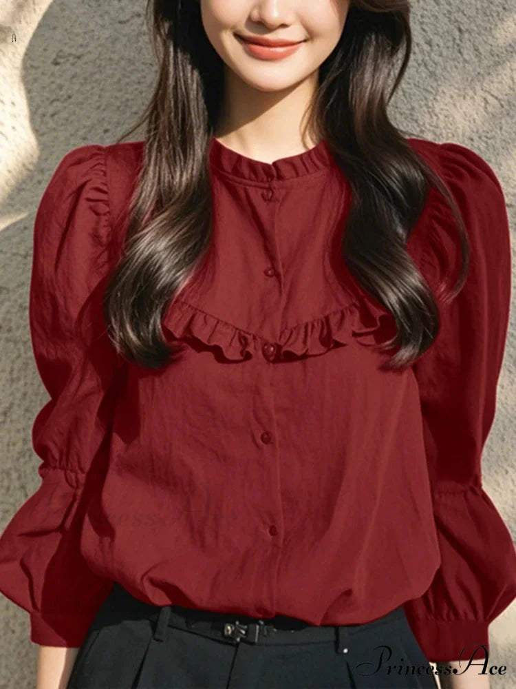 Button-Up Round-neck Lantern Sleeve Informal Blouse