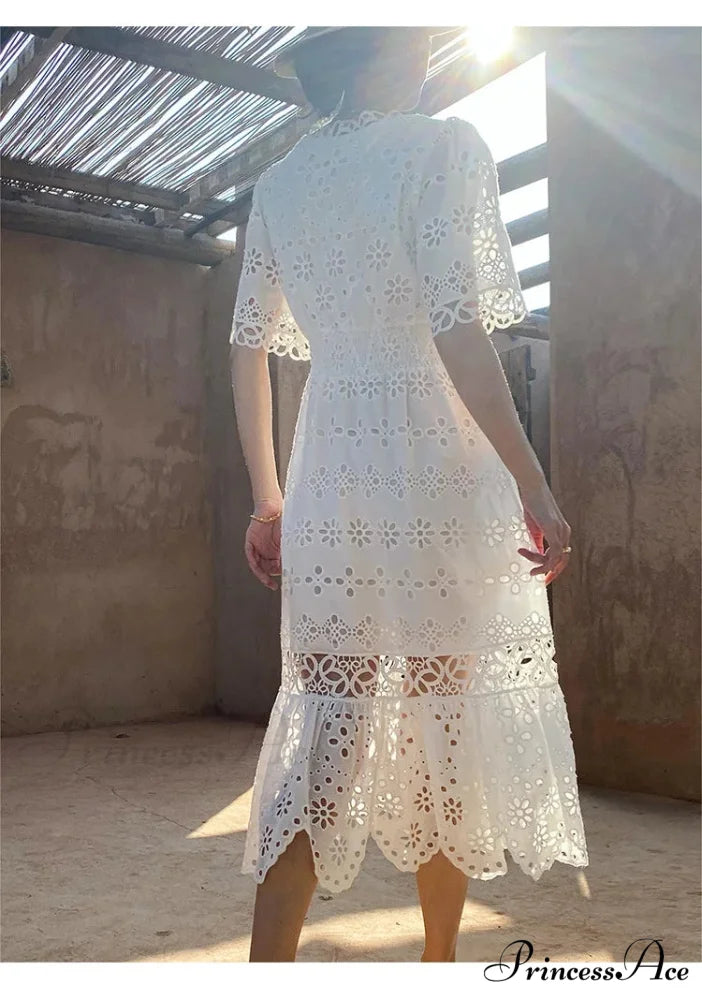 Button Up Stitched Lantern Sleeve Cotton Boho Dress