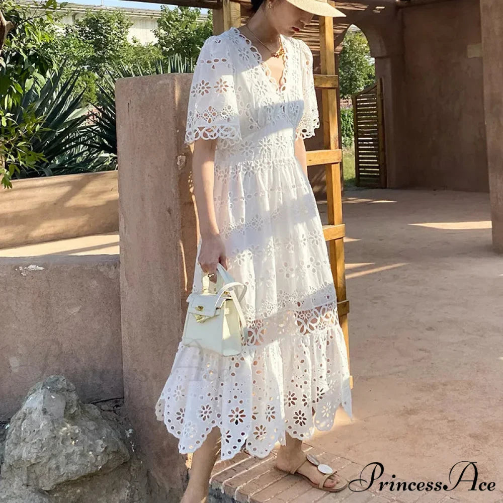 Button Up Stitched Lantern Sleeve Cotton Boho Dress