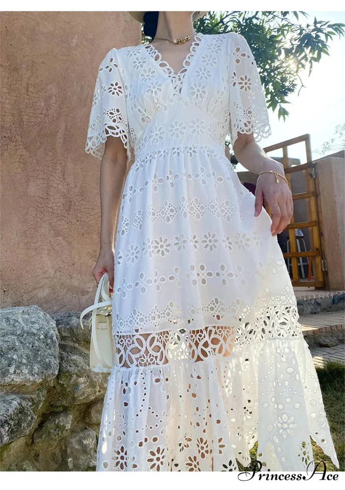 Button Up Stitched Lantern Sleeve Cotton Boho Dress