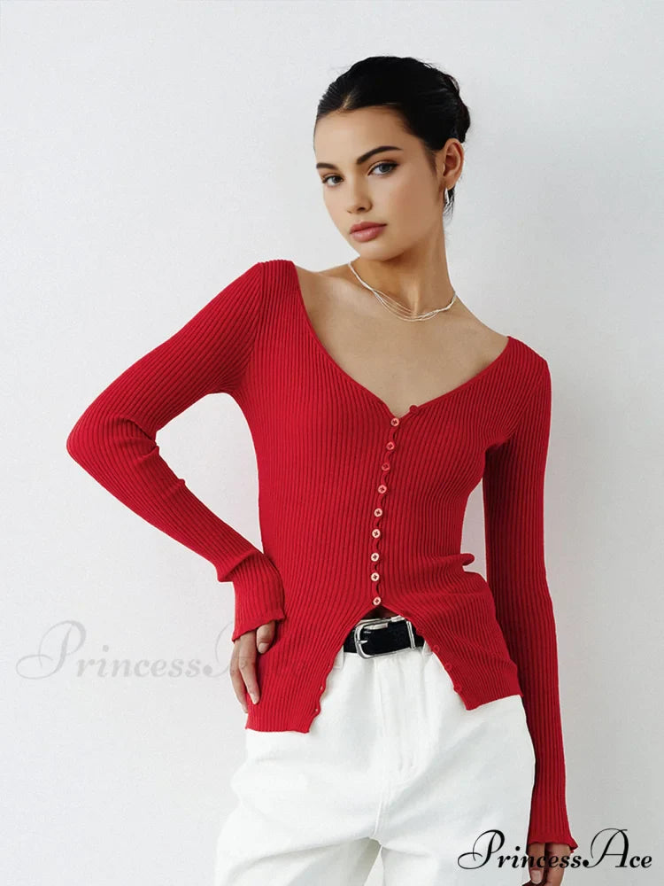 Button V Graceful Neck Knit Cardigan