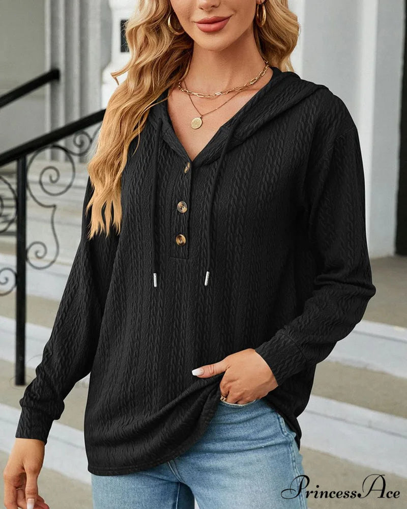 Buttoned Solid Color Hoodie