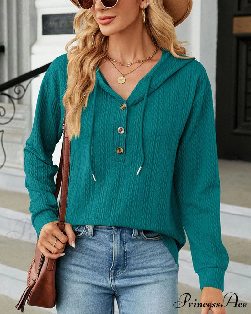 Buttoned Solid Color Hoodie