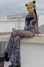 Floral High Waist Mesh Flare Pants