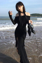 Fashionable Ruffle Hem Split Bodycon Maxi Dress