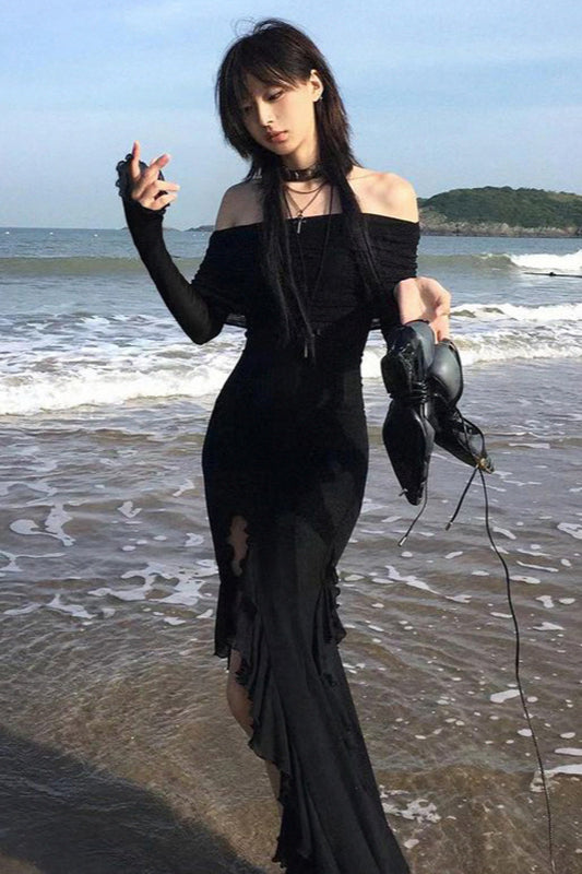 Fashionable Ruffle Hem Split Bodycon Maxi Dress