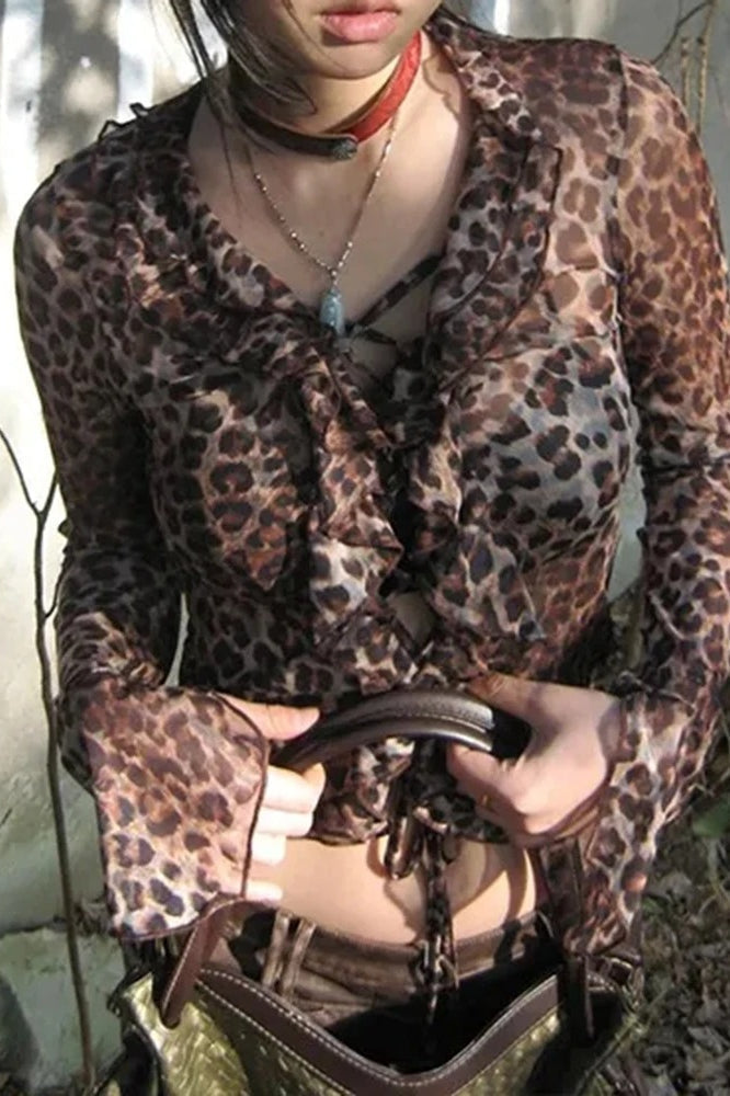 Chic Leopard Lace-Up Blouse