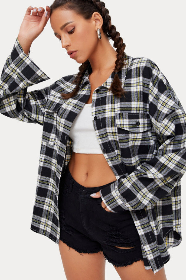 Plaid Stand Collar Button Shirt  Blouse