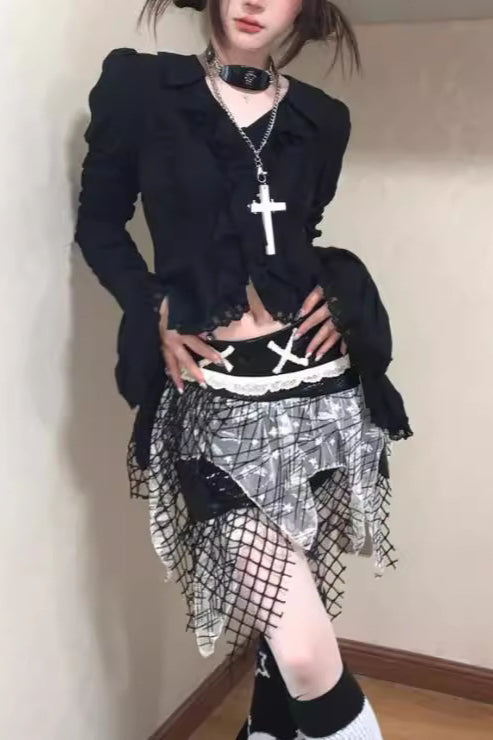 Y2K Gothic Ruffled Lace Blouse