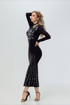 Fashionable Digital Print Long Sleeve Dark Style Maxi Dress