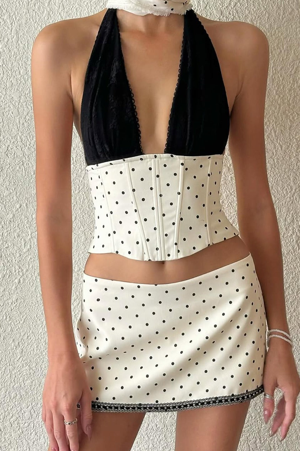 Polka Dot Lace Halter Two Pieces Set