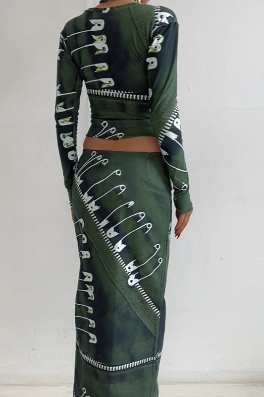 Vintage Metal Lock Print Long Sleeve Top Bodycon Skirt Two Pieces Set