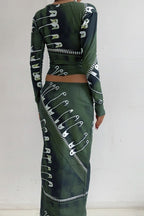 Vintage Metal Lock Print Long Sleeve Top Bodycon Skirt Two Pieces Set