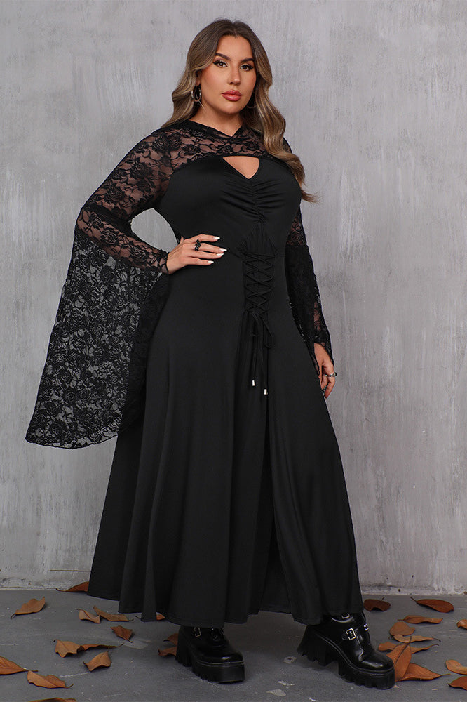 Plus Size Gothic Lace-Up Split Hem Maxi Dress