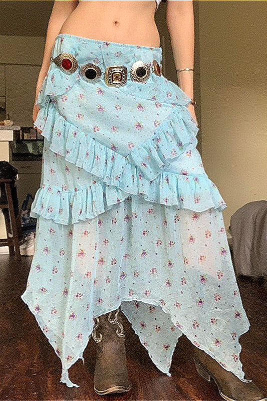 Floral Mesh Low-Waist Asymmetrical Skirt