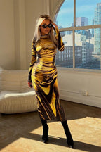 Floral Print High Waist Long Sleeve Bodycon Maxi Dress