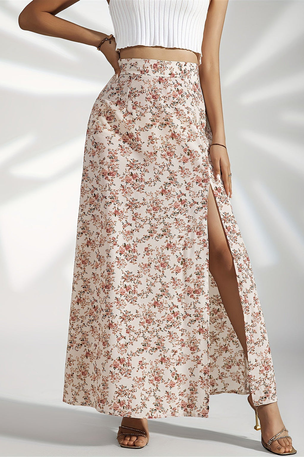 High Waist Split Floral Slim Midi Skirt