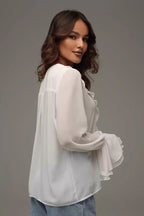 Solid V-Neck Ruffled Flare Sleeve Blouse