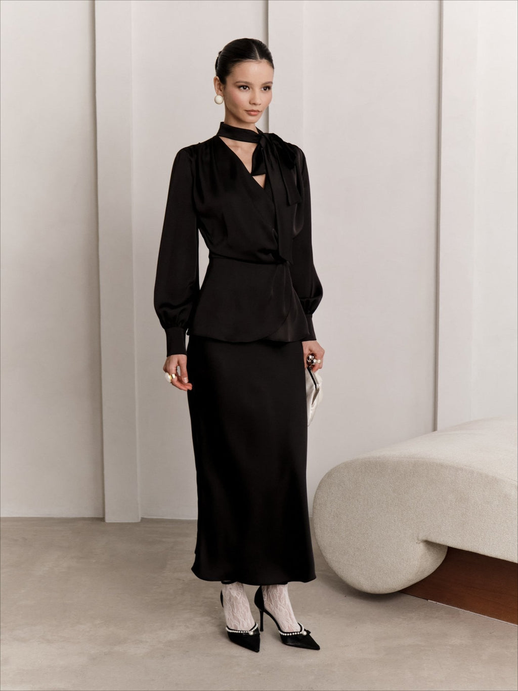 V-Neck Tie Slim Fit Blouse