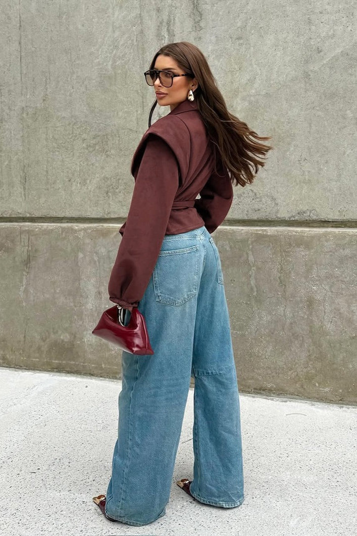 Vintage Wine Red Suede Tie-Waist V-Neck Coat