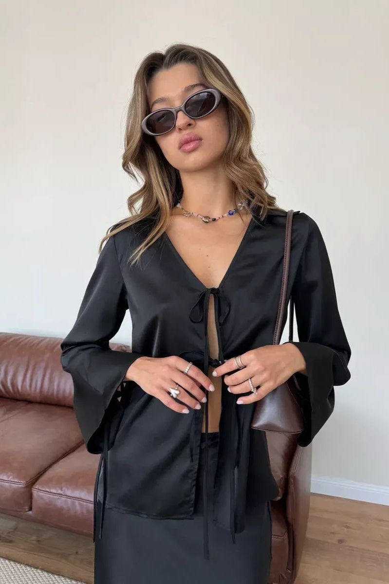 Satin Tie Front Fitted Blouse