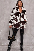 Black and White Faux Fur Cow Print Coat