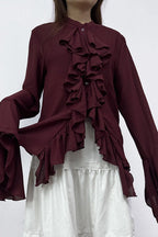 Elegant Ruffle Trim Button Blouse