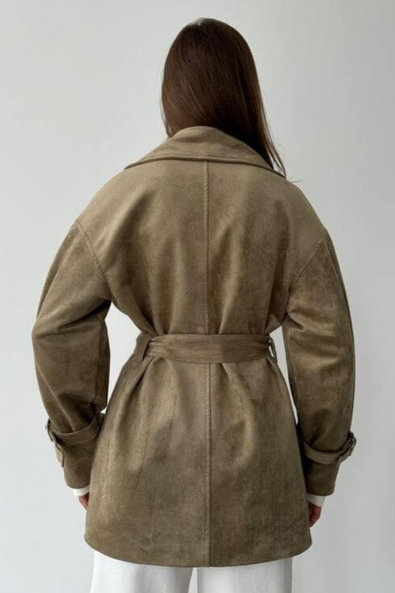 Vintage Suede Lapel Tie Waist Jacket Coat