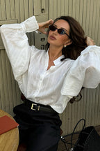 Loose Fit Lantern Sleeve Stand Collar Blouse