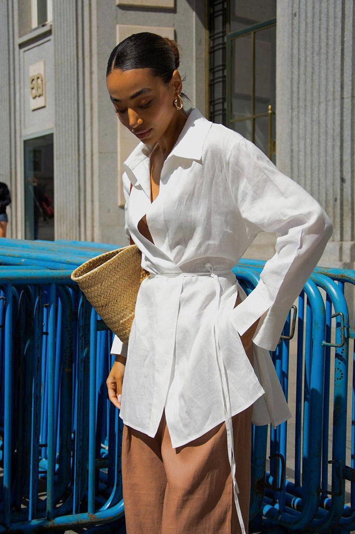 White Long Sleeve Tie Front Linen Blouse