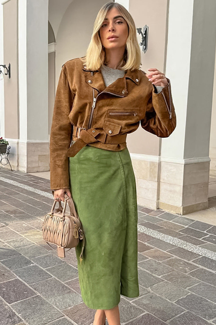 Velvet Green High-Waisted Slit Midi Skirt