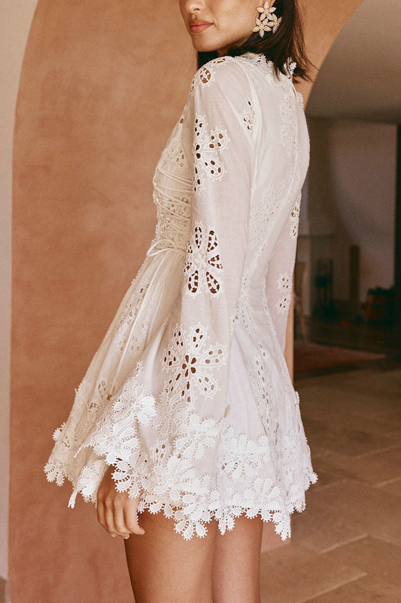 Lace Trim V-Neck Tie Mini Dress