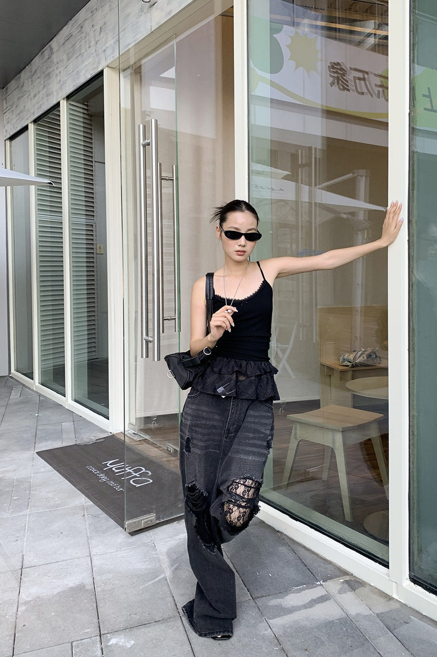 Lace Panel Ripped Wide Leg Jeans