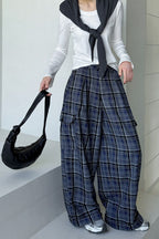 Retro Colorblock Plaid Casual Straight Pants
