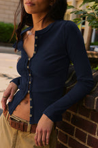 Solid Color Ribbed Buttoned Round Neck Cardigan