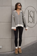Striped Polo Neck Loose Fit Knit Sweater