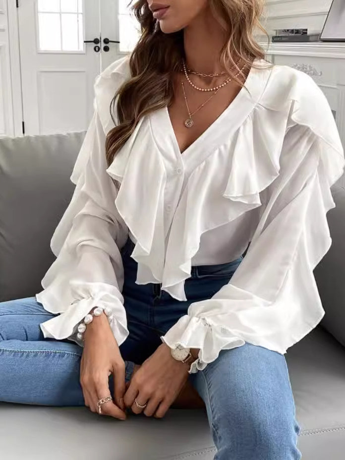 Ruffled V-Neck Long Sleeve Blouse