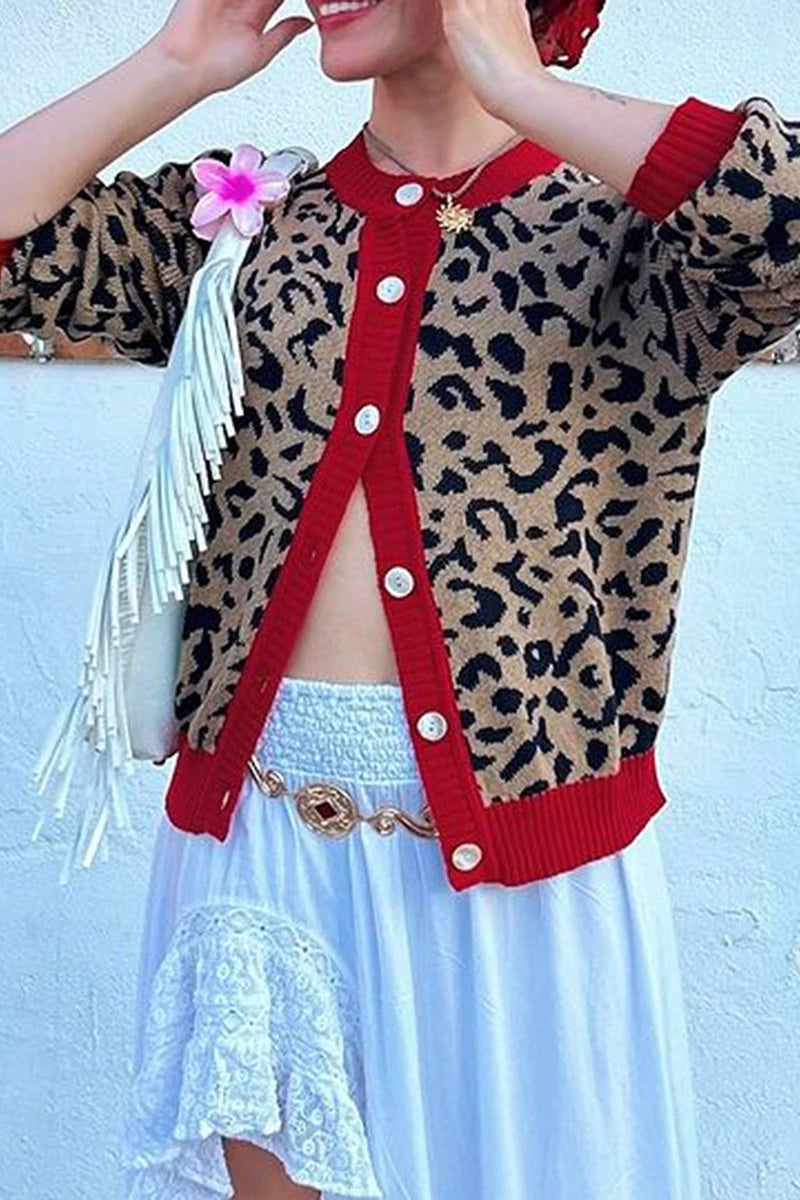 Casual Loose O-Neck Leopard Cardigan