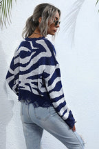 Distressed Zebra Print Knit Sweater